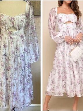 Lulu's Lavender Floral Cutout Puff-Sleeve Midi Dress